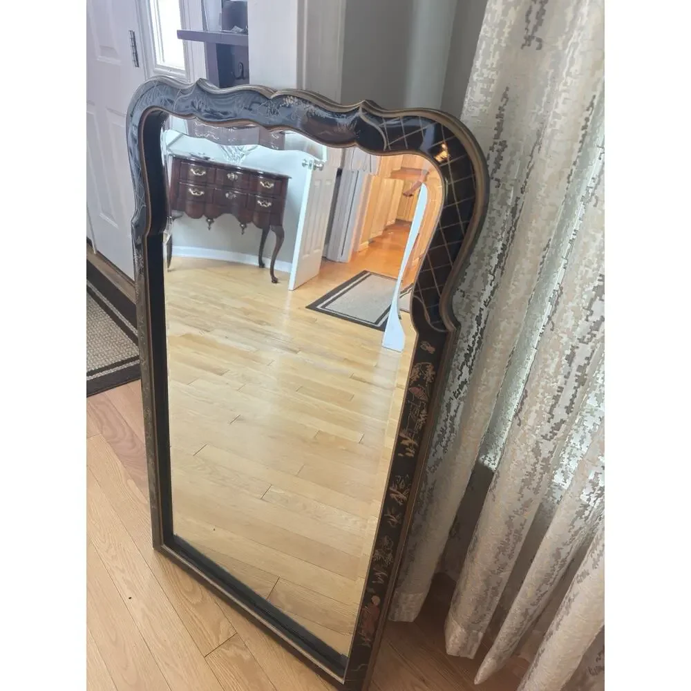Chinoiserie Black Lacquer Mirror Gold Asian Pagoda Beveled Wall Mirror 43x25”